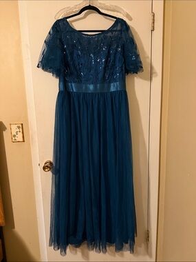 Ever Pretty Teal Blue Sequin Tulle Maxi Dress